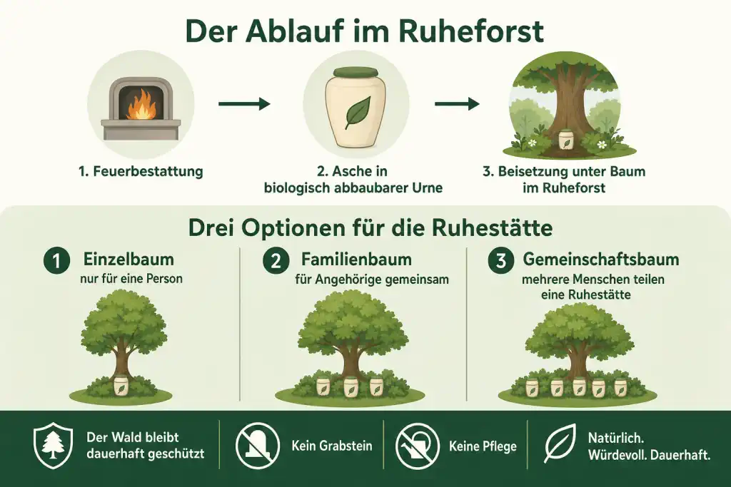 Ablauf: Feuerbestattung -> Asche in biologisch abbaubarer Urne -> Beisetzung unter Baum im Ruheforst